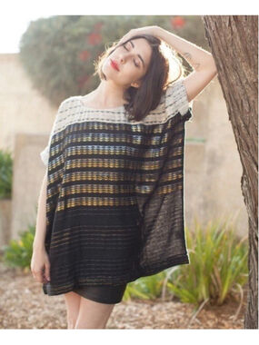 Women's Ace & Jig Black White Gold Metallic Cotton Striped Tunic Top S